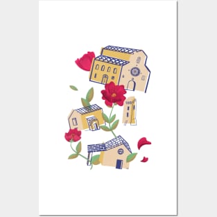 Abstract illustration of an Italian village and flowers Posters and Art